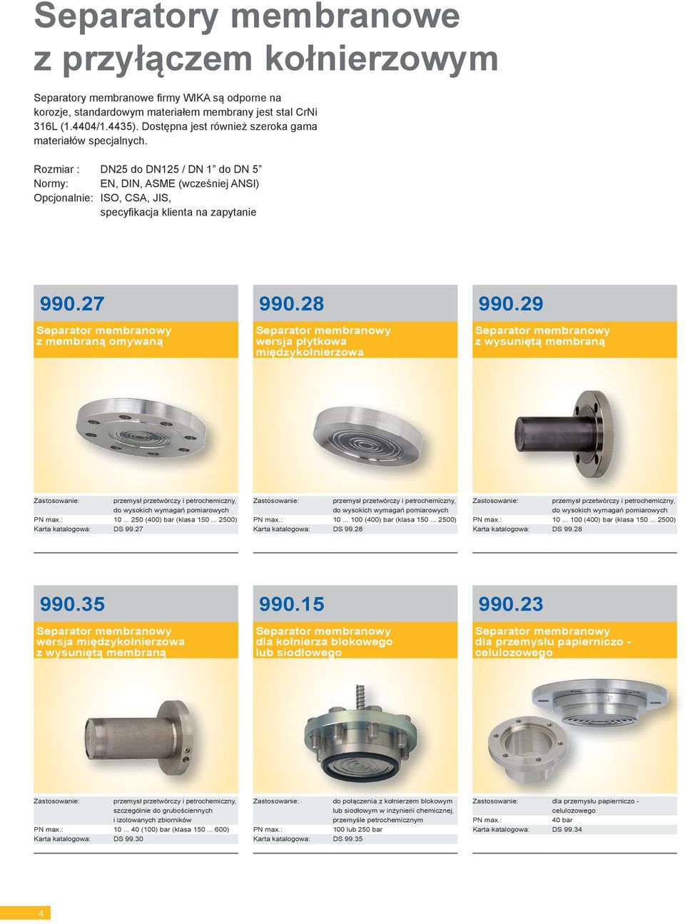 Rozmiar : DN25 do DN125 / DN 1 do DN 5 Normy: EN, DIN, ASME (wcześniej ANSI) Opcjonalnie: ISO, CSA, JIS, specyfikacja klienta na zapytanie 990.27 z membraną omywaną 990.