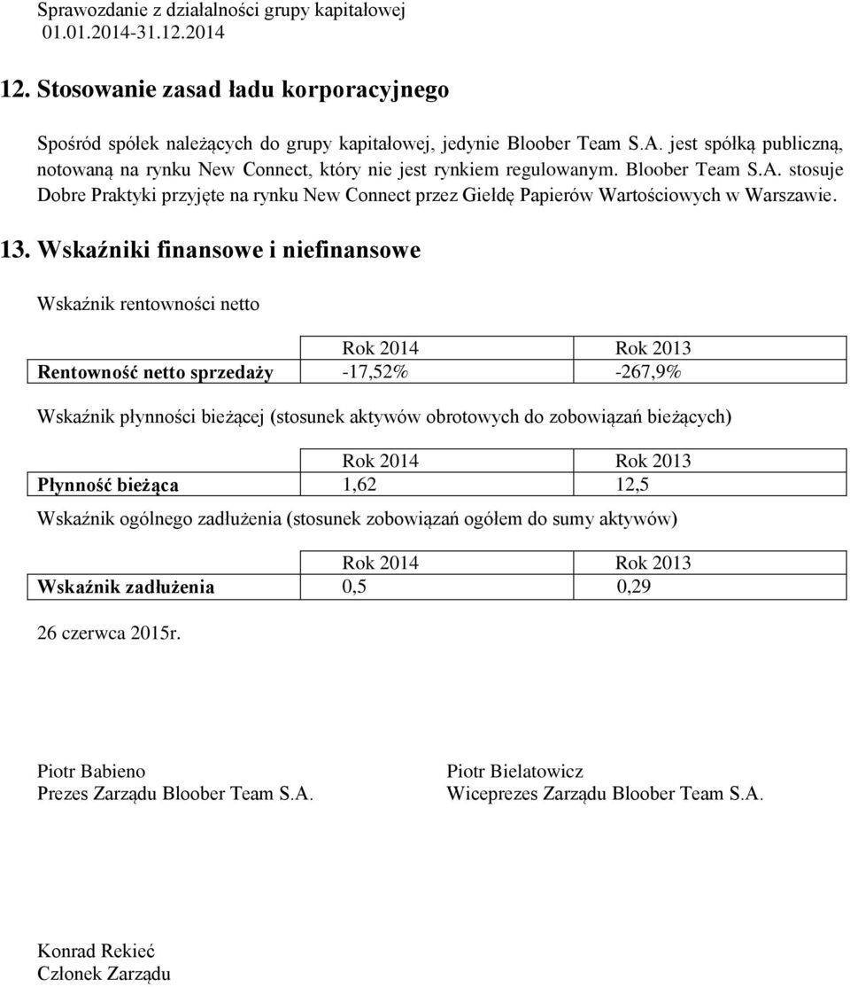 stosuje Dobre Praktyki przyjęte na rynku New Connect przez Giełdę Papierów Wartościowych w Warszawie. 13.