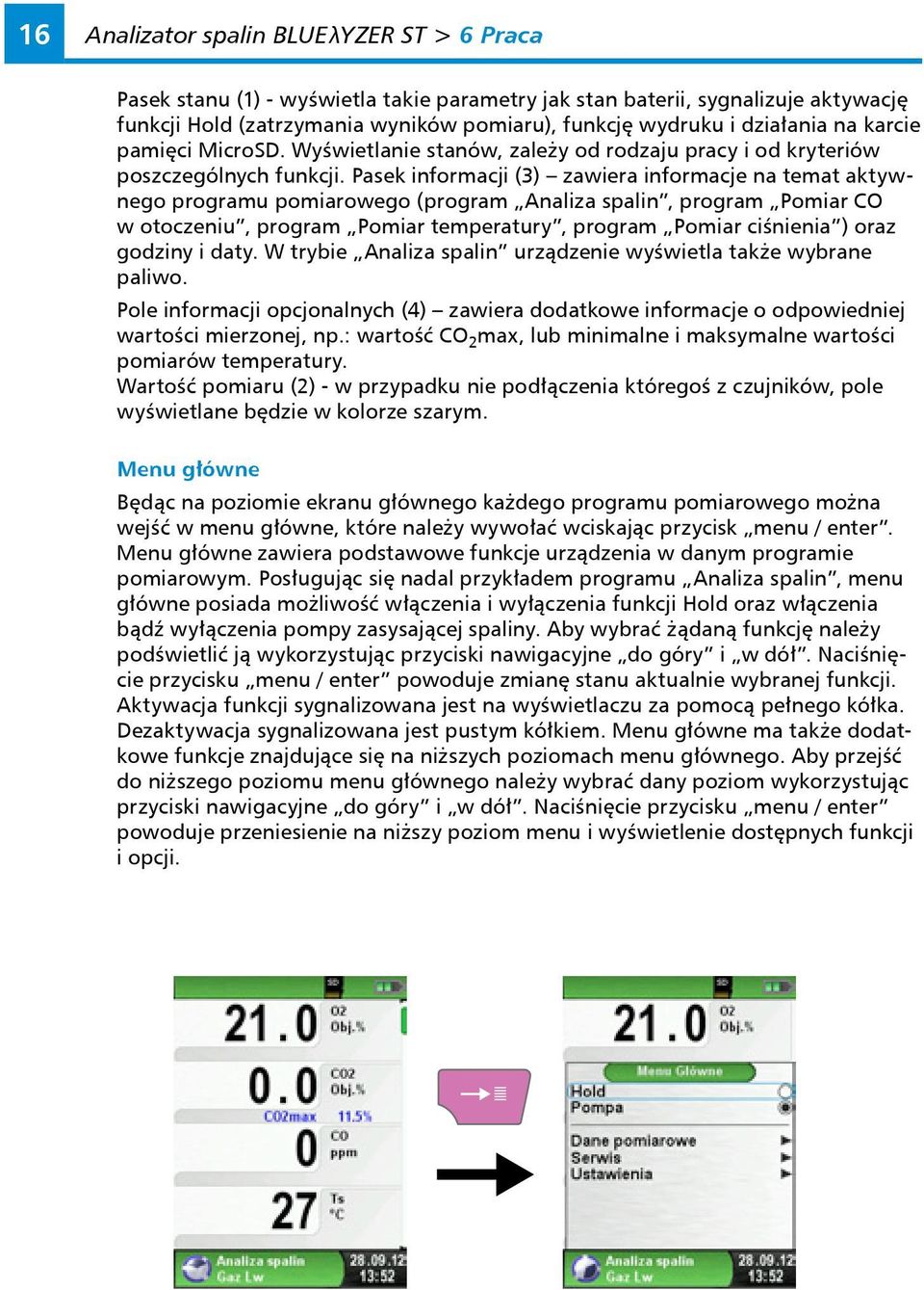 Pasek informacji (3) zawiera informacje na temat aktywnego programu pomiarowego (program Analiza spalin, program Pomiar CO w otoczeniu, program Pomiar temperatury, program Pomiar ciśnienia ) oraz