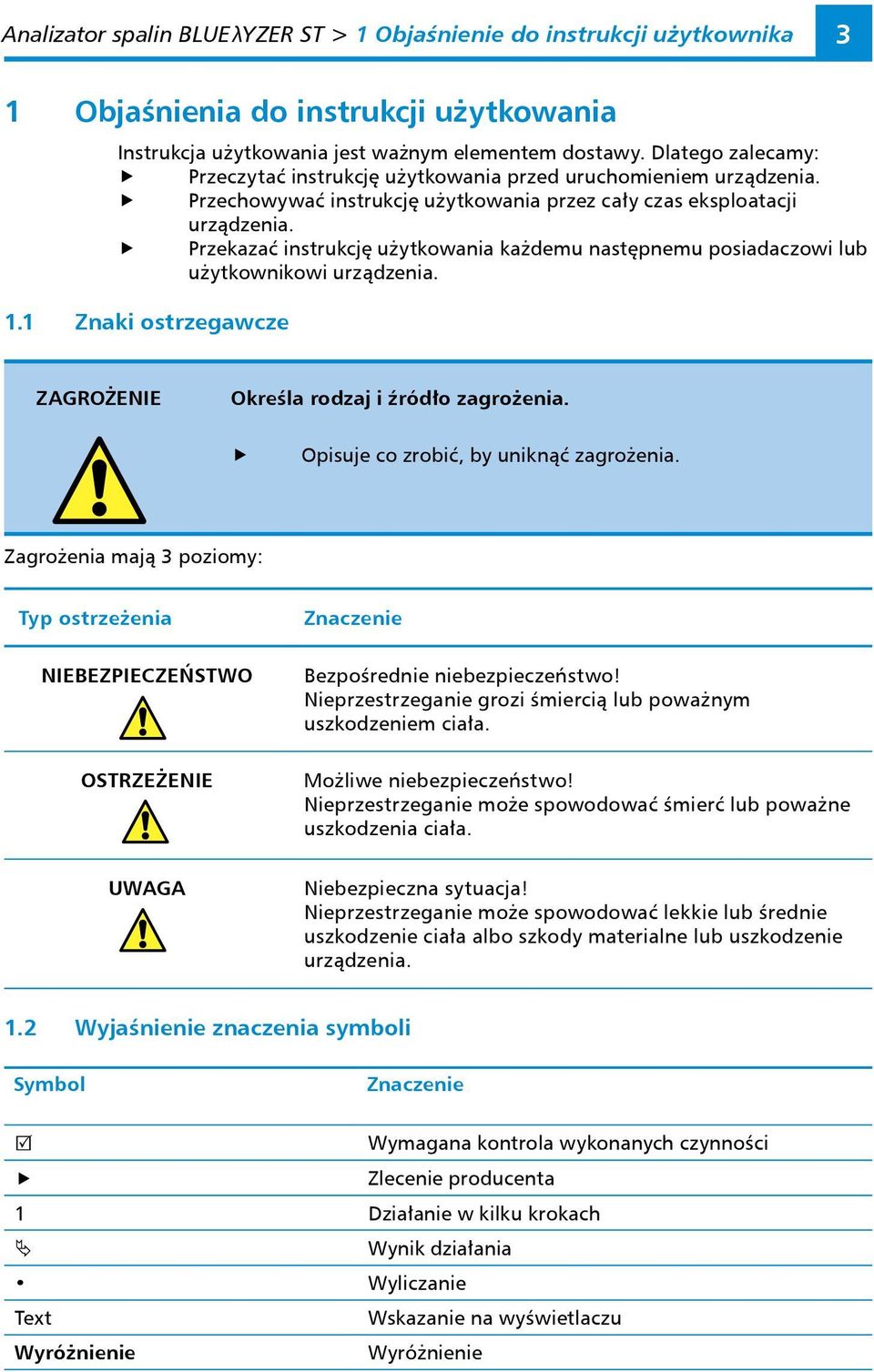 Przekazać instrukcję użytkowania każdemu następnemu posiadaczowi lub użytkownikowi urządzenia. 1.1 Znaki ostrzegawcze ZAGROŻENIE Określa rodzaj i źródło zagrożenia.