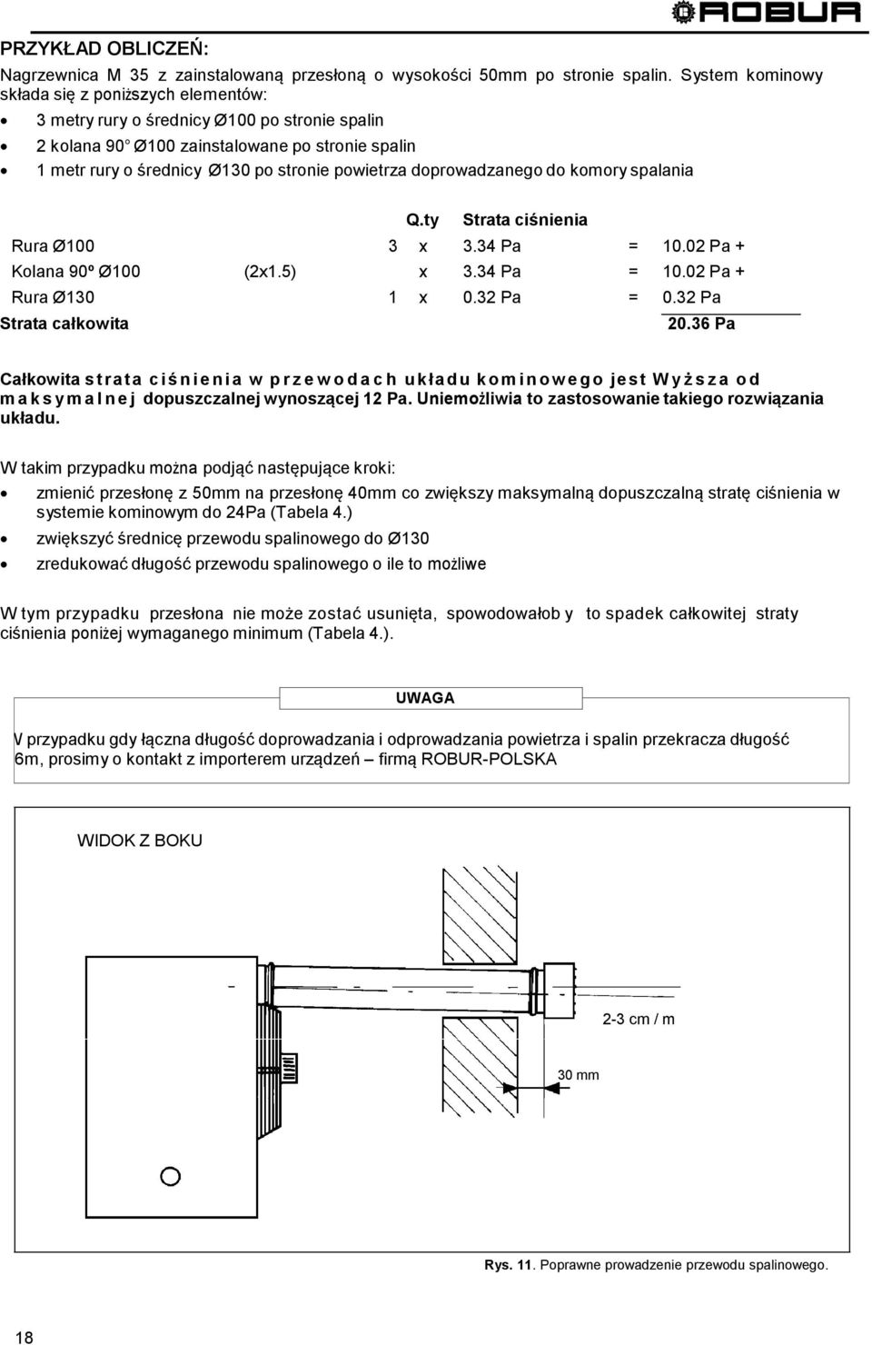 doprowadzanego do komory spalania Q.ty Strata ciśnienia Rura Ø100 3 x 3.34 Pa = 10.02 Pa + Kolana 90º Ø100 (2x1.5) x 3.34 Pa = 10.02 Pa + Rura Ø130 1 x 0.32 Pa = 0.32 Pa Strata całkowita 20.