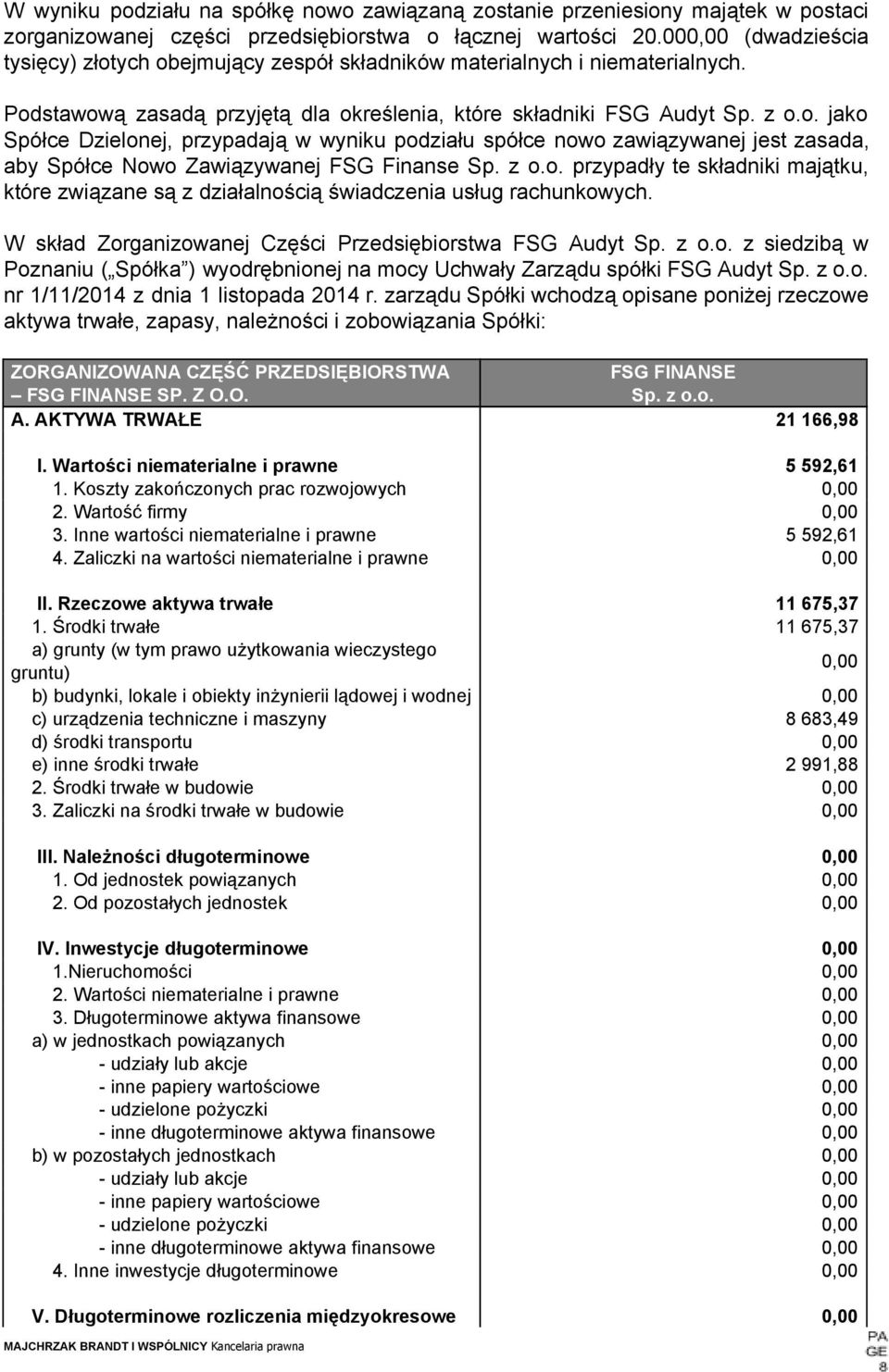 z o.o. przypadły te składniki majątku, które związane są z działalnością świadczenia usług rachunkowych. W skład Zorganizowanej Części Przedsiębiorstwa FSG Audyt Sp. z o.o. z siedzibą w Poznaniu ( Spółka ) wyodrębnionej na mocy Uchwały Zarządu spółki FSG Audyt Sp.