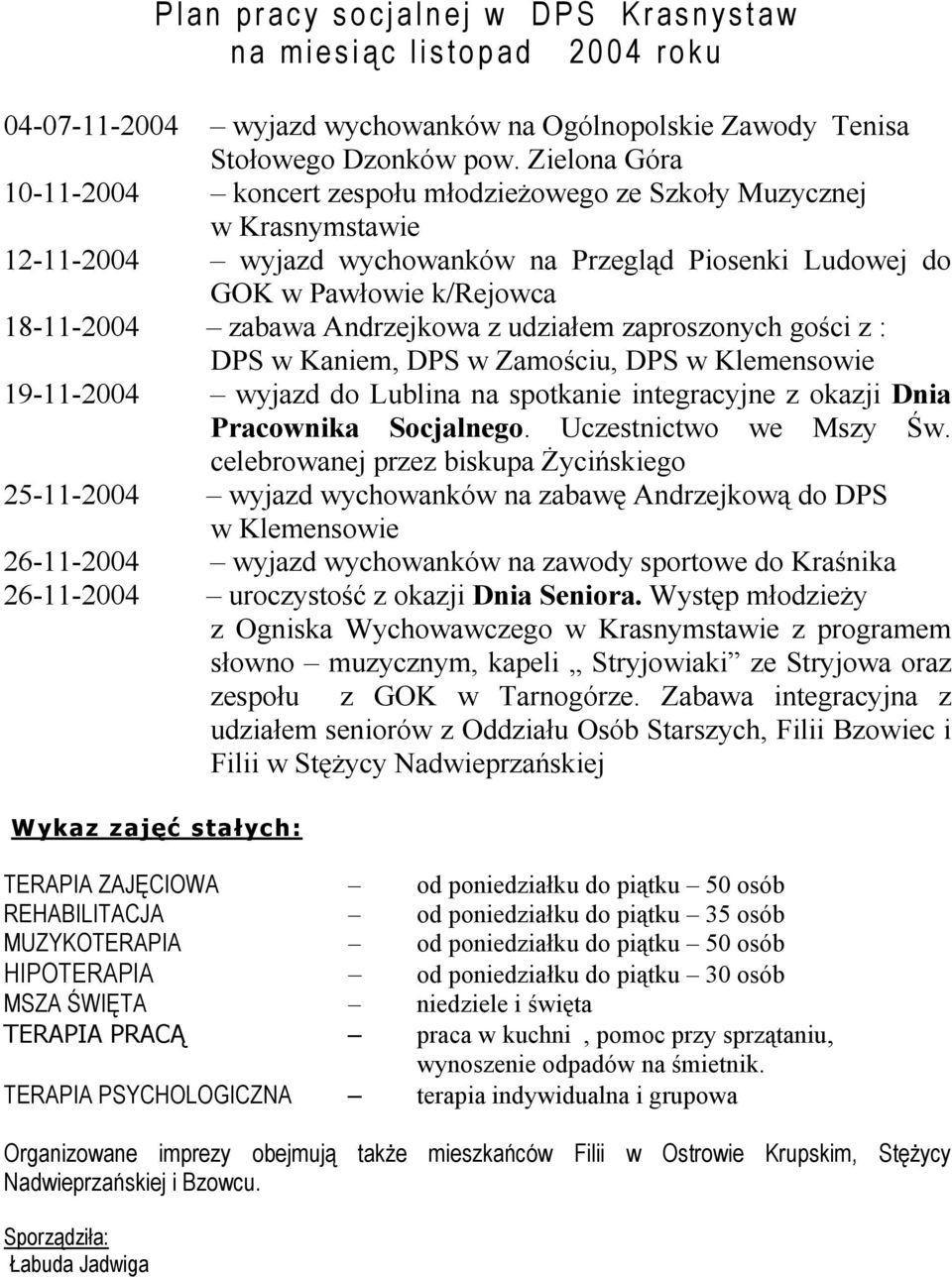 Andrzejkowa z udziałem zaproszonych gości z : DPS w Kaniem, DPS w Zamościu, DPS w Klemensowie 19-11-2004 wyjazd do Lublina na spotkanie integracyjne z okazji Dnia Pracownika Socjalnego.