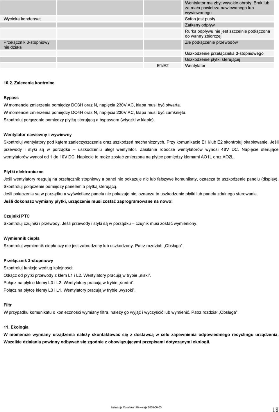 przełącznika 3-stopniowego Uszkodzenie płytki sterującej Wentylator 10.2. Zalecenia kontrolne Bypass W momencie zmierzenia pomiędzy DO3H oraz N, napięcia 230V AC, klapa musi być otwarta.