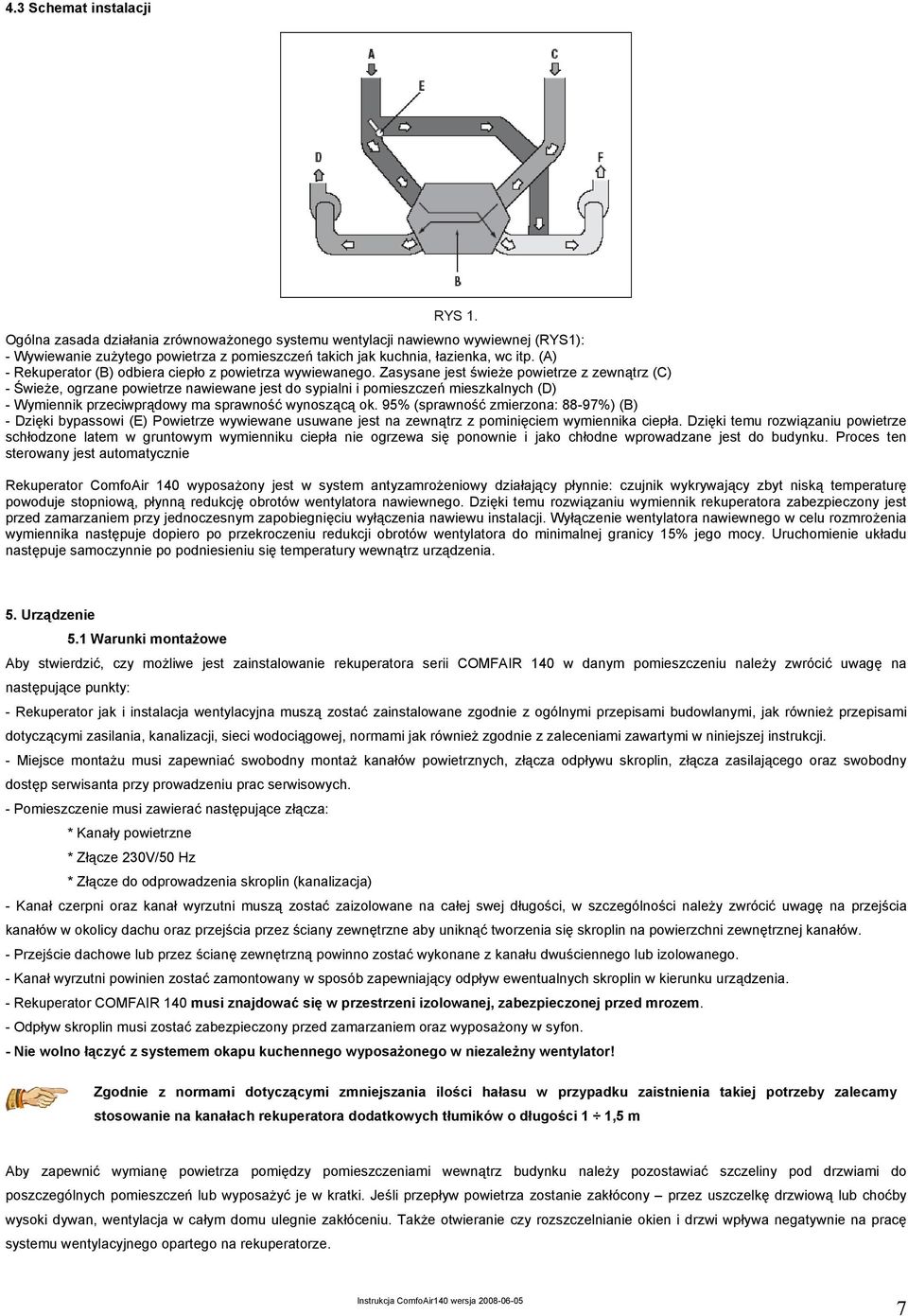 Zasysane jest świeże powietrze z zewnątrz (C) - Świeże, ogrzane powietrze nawiewane jest do sypialni i pomieszczeń mieszkalnych (D) - Wymiennik przeciwprądowy ma sprawność wynoszącą ok.
