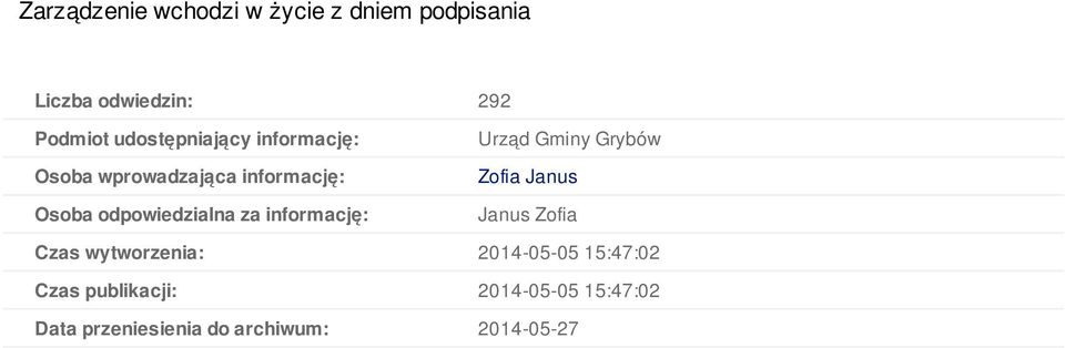 informację: Urząd Gminy Grybów Zofia Janus Janus Zofia Czas wytworzenia: