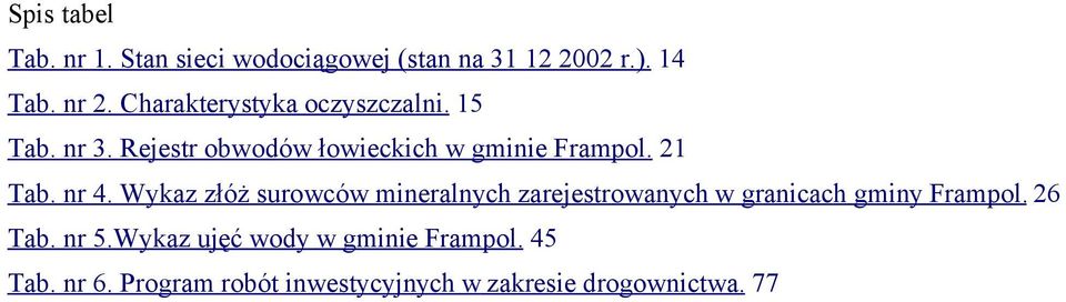 nr 4. Wykaz złóż surowców mineralnych zarejestrowanych w granicach gminy Frampol. 26 Tab. nr 5.