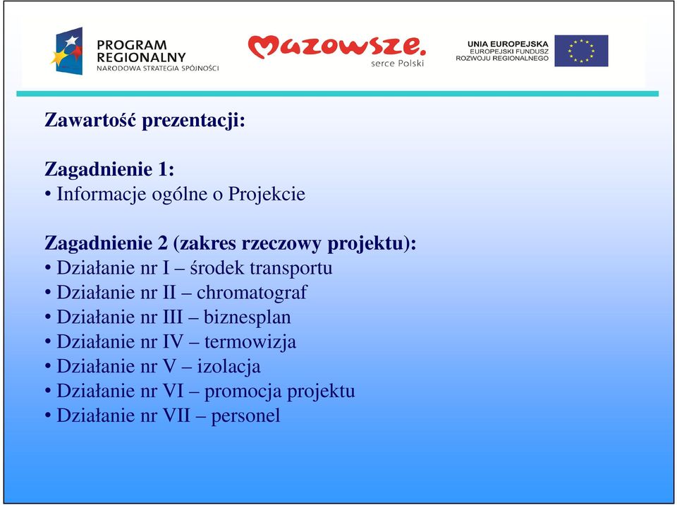 środek transportu Działanie nr II chromatograf Działanie nr III biznesplan Działanie nr