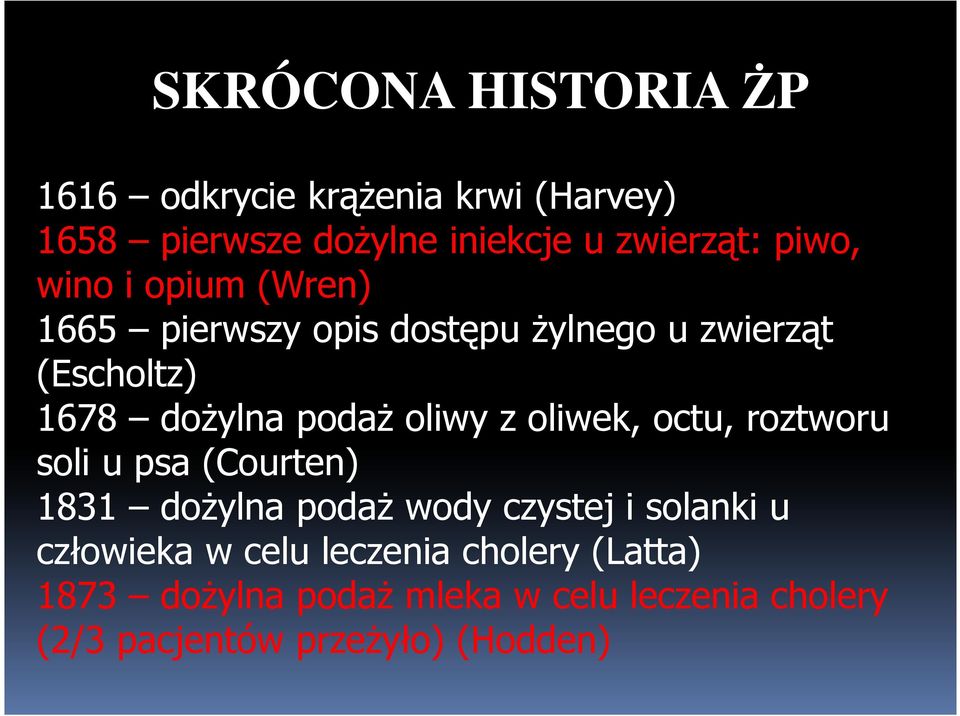 oliwy z oliwek, octu, roztworu soli u psa (Courten) 1831 doŝylna podaŝ wody czystej i solanki u człowieka