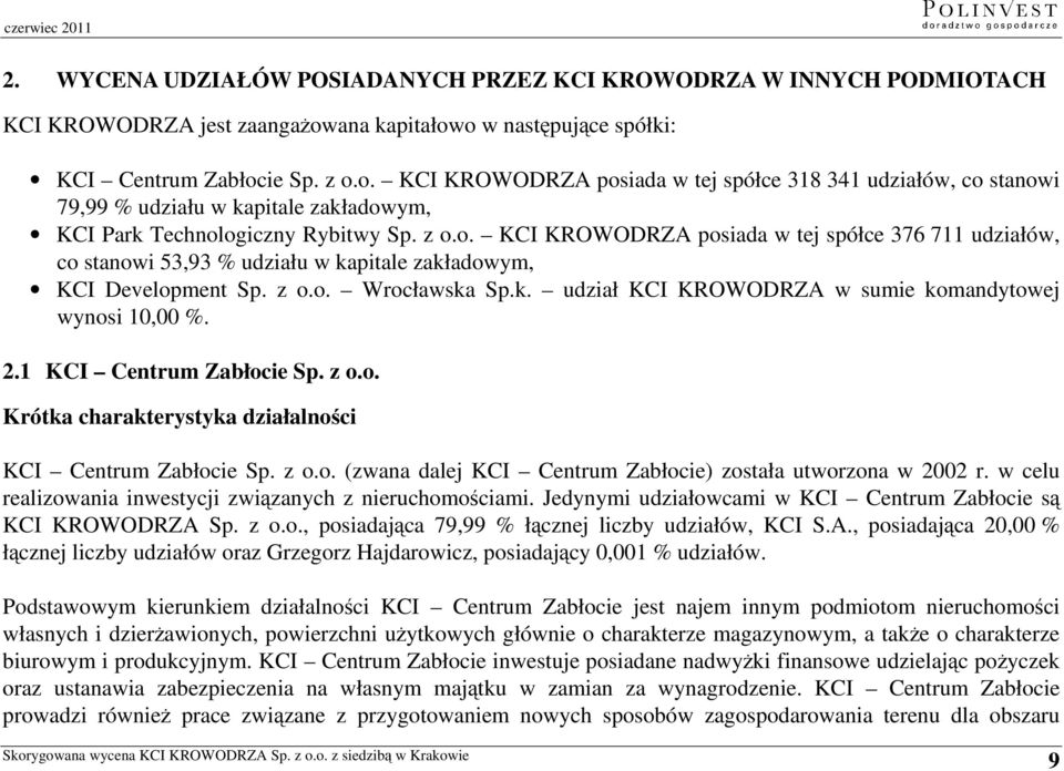 z o.o. KCI KROWODRZA posiada w tej spółce 376 711 udziałów, co stanowi 53,93 % udziału w kapitale zakładowym, KCI Development Sp. z o.o. Wrocławska Sp.k. udział KCI KROWODRZA w sumie komandytowej wynosi 10,00 %.