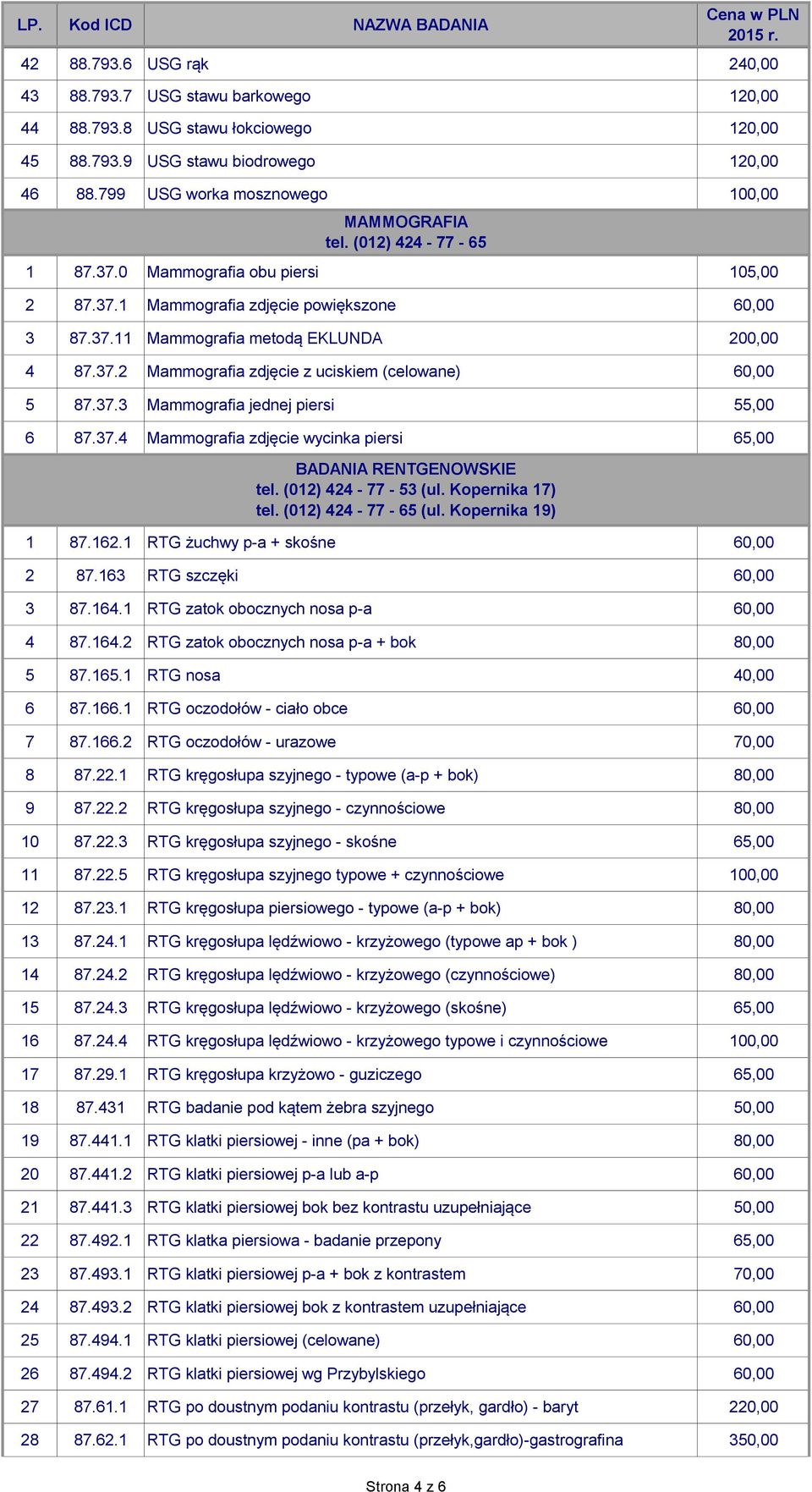 37.3 Mammografia jednej piersi 55,00 6 87.37.4 Mammografia zdjęcie wycinka piersi 65,00 BADANIA RENTGENOWSKIE tel. (012) 424-77 - 53 (ul. Kopernika 17) (ul. Kopernika 19) 1 87.162.