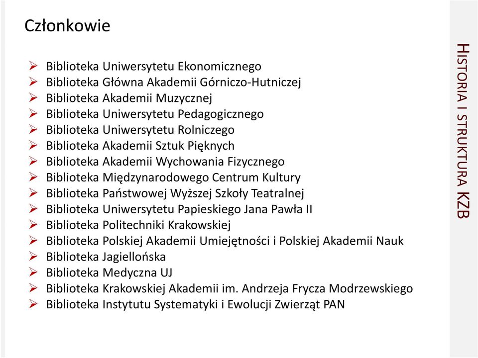 Szkoły Teatralnej Biblioteka Uniwersytetu Papieskiego Jana Pawła II Biblioteka Politechniki Krakowskiej Biblioteka Polskiej Akademii Umiejętności i Polskiej Akademii Nauk