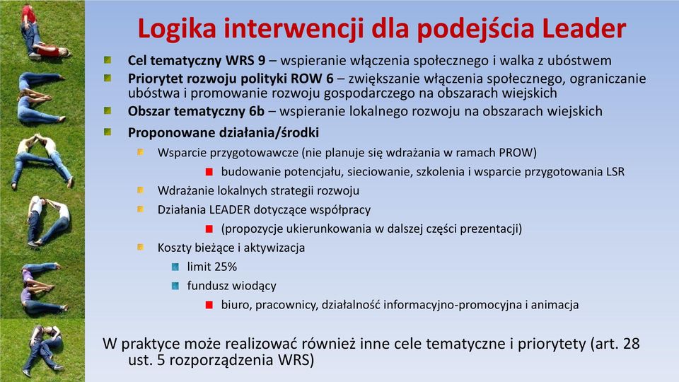 planuje się wdrażania w ramach PROW) budowanie potencjału, sieciowanie, szkolenia i wsparcie przygotowania LSR Wdrażanie lokalnych strategii rozwoju Działania LEADER dotyczące współpracy (propozycje