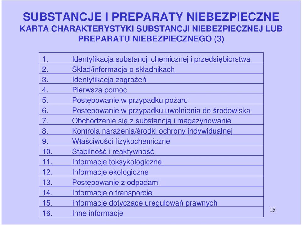 Postępowanie w przypadku uwolnienia do środowiska 7. Obchodzenie się z substancją i magazynowanie 8. Kontrola naraŝenia/środki ochrony indywidualnej 9.