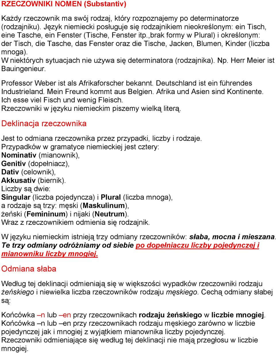 ,brak formy w Plural) i określonym: der Tisch, die Tasche, das Fenster oraz die Tische, Jacken, Blumen, Kinder (liczba mnoga). W niektórych sytuacjach nie używa się determinatora (rodzajnika). Np.