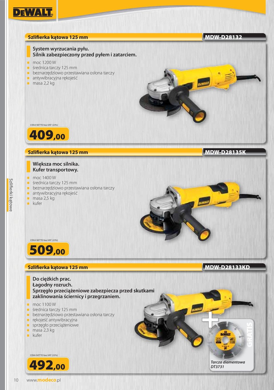 Kufer transportowy. moc 1400 W średnica tarczy 125 mm beznarzędziowo przestawiana osłona tarczy antywibracyjna rękojeść masa 2,5 kg 509,00 Szlifierka kątowa 125 mm MDW-D28133KD Do ciężkich prac.