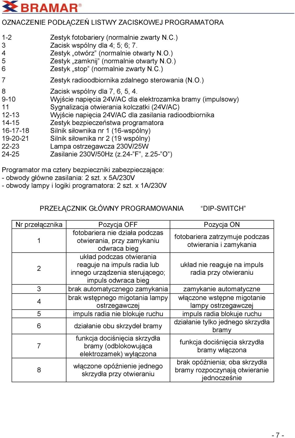 9-10 Wyjście napięcia 24V/AC dla elektrozamka bramy (impulsowy) 11 Sygnalizacja otwierania kolczatki (24V/AC) 12-13 Wyjście napięcia 24V/AC dla zasilania radioodbiornika 14-15 Zestyk bezpieczeństwa