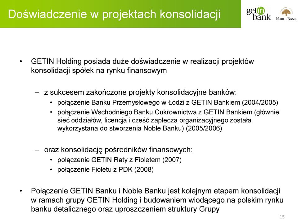 organizacyjnego została wykorzystana do stworzenia Noble Banku) (2005/2006) oraz konsolidację pośredników finansowych: połączenie GETIN Raty z Fioletem (2007) połączenie Fioletu z PDK (2008)