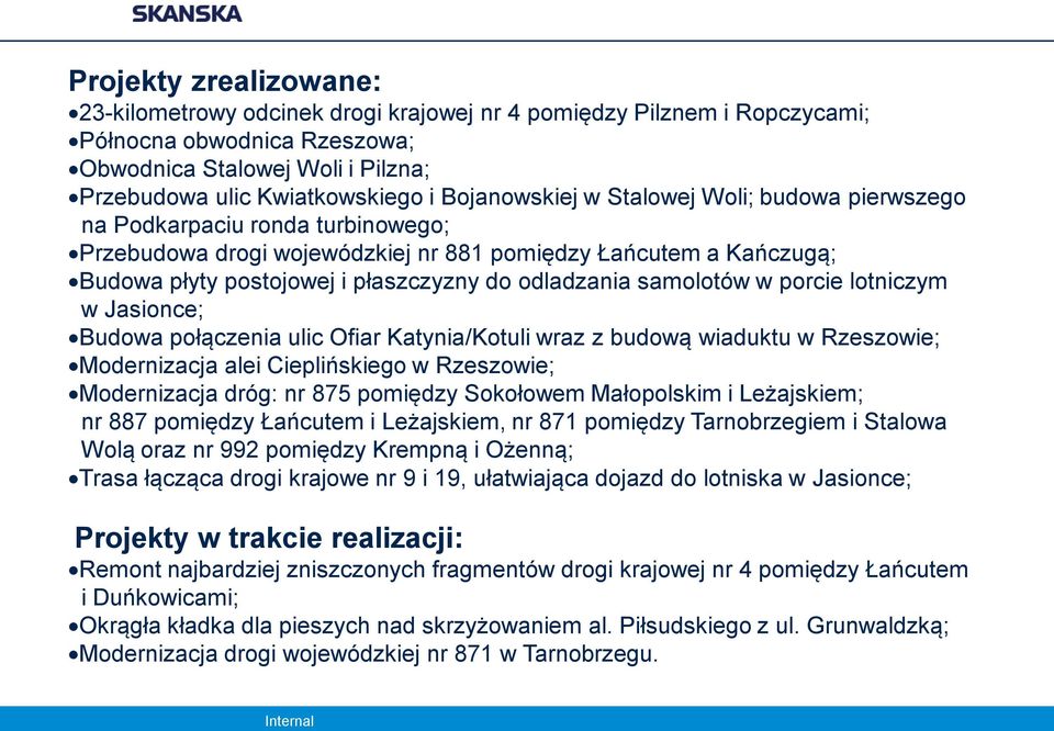 odladzania samolotów w porcie lotniczym w Jasionce; Budowa połączenia ulic Ofiar Katynia/Kotuli wraz z budową wiaduktu w Rzeszowie; Modernizacja alei Cieplińskiego w Rzeszowie; Modernizacja dróg: nr