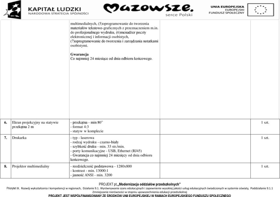 Gwarancja Co najmniej 24 miesiące od dnia odbioru końcowego. 6. Ekran projekcyjny na statywie przekątna 2 m - przekątna - min 80 - format 4:3 - statyw w komplecie 7.