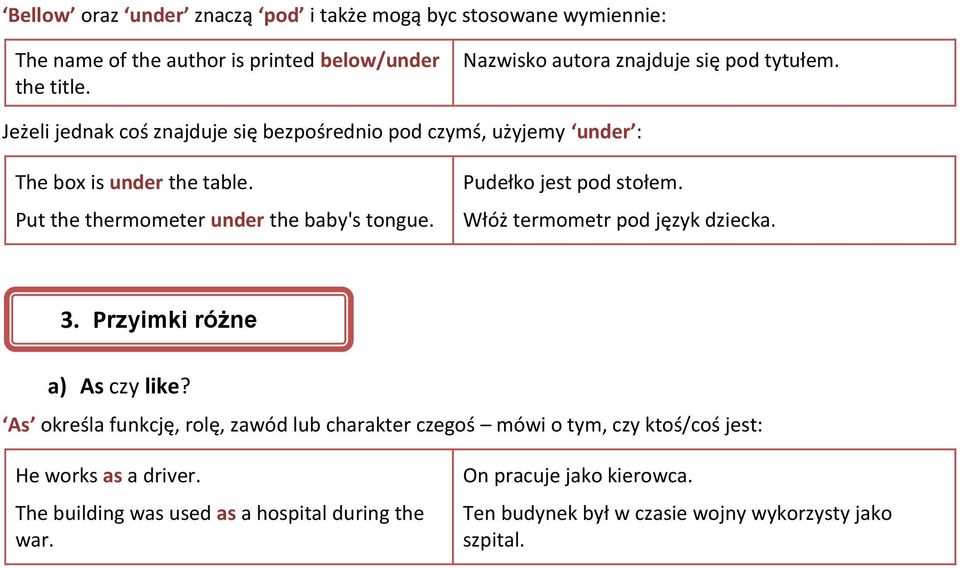 Put the thermometer under the baby's tongue. Pudełko jest pod stołem. Włóż termometr pod język dziecka. 3. Przyimki różne a) As czy like?