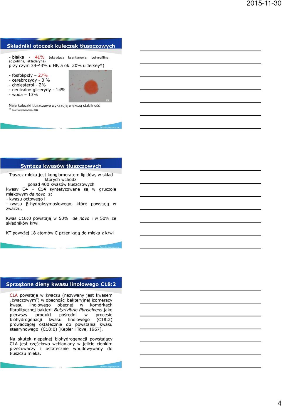 Synteza kwasów tłuszczowych Tłuszcz mleka jest konglomeratem lipidów, w skład których wchodzi ponad 400 kwasów tłuszczowych kwasy C4 C14 syntetyzowane są w gruczole mlekowym de novo z: - kwasu