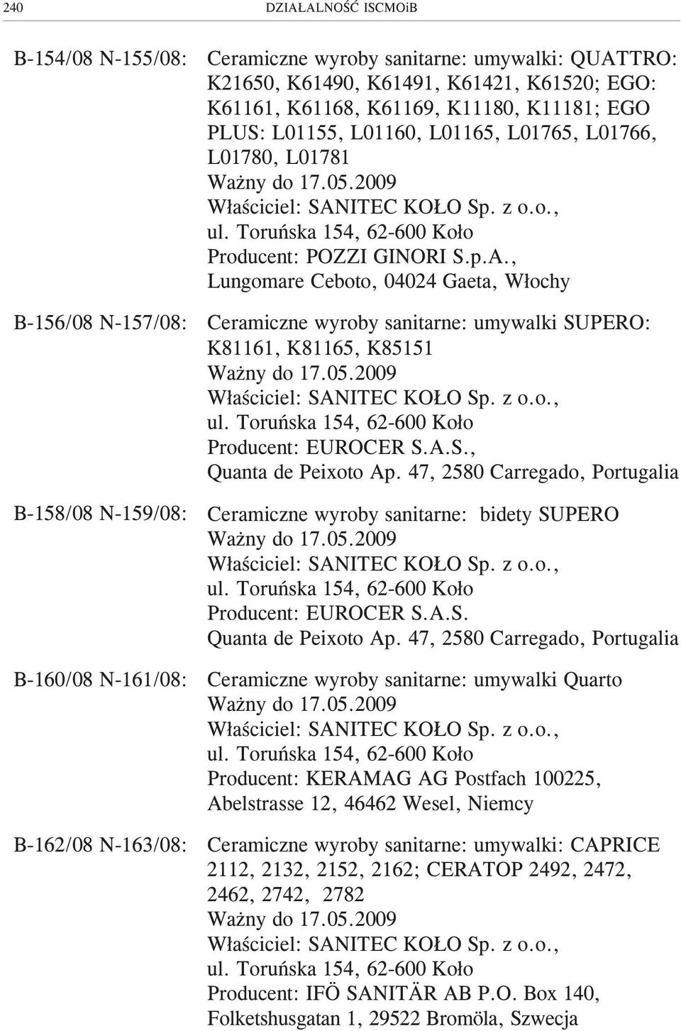 , Lungomare Ceboto, 04024 Gaeta, W³ochy Ceramiczne wyroby sanitarne: umywalki SUPERO: K81161, K81165, K85151 Producent: EUROCER S.A.S., Quanta de Peixoto Ap.