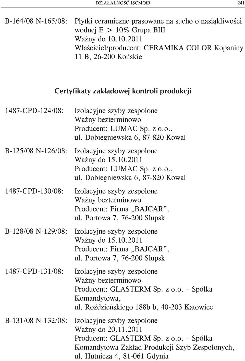 10.2011 W³aœciciel/producent: CERAMIKA COLOR Kopaniny 11 B, 26-200 Koñskie Certyfikaty zak³adowej kontroli produkcji 1487-CPD-124/08: B-125/08 N-126/08: 1487-CPD-130/08: B-128/08 N-129/08: