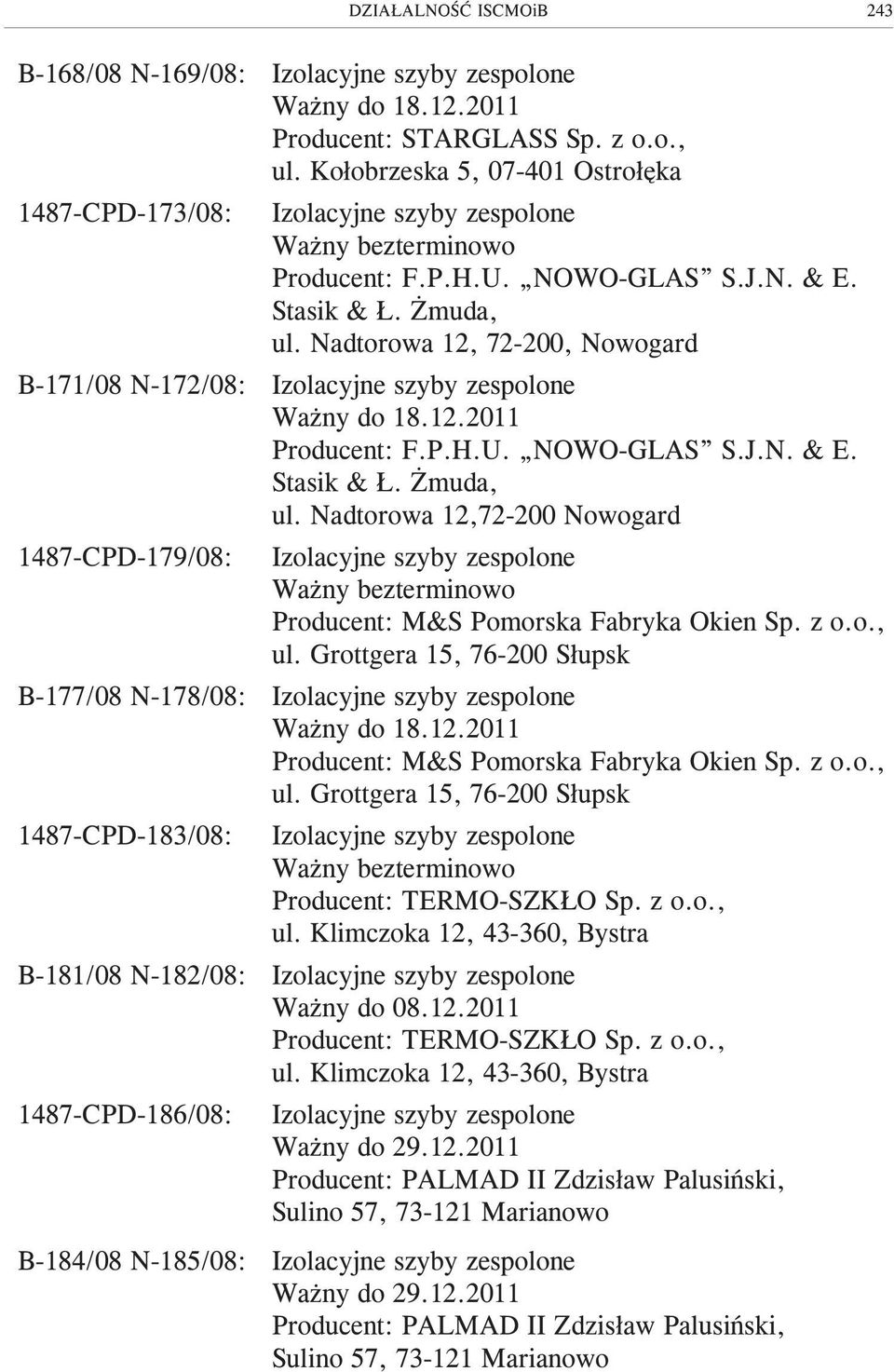 P.H.U. NOWO-GLAS S.J.N. & E. Stasik &. muda, ul. Nadtorowa 12,72-200 Nowogard Producent: M&S Pomorska Fabryka Okien Sp. z o.o., ul. Grottgera 15, 76-200 S³upsk Wa ny do 18.12.2011 Producent: M&S Pomorska Fabryka Okien Sp.