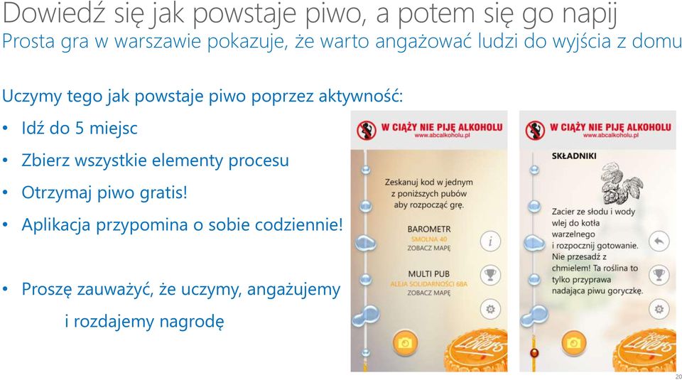 aktywność: Idź do 5 miejsc Zbierz wszystkie elementy procesu Otrzymaj piwo gratis!