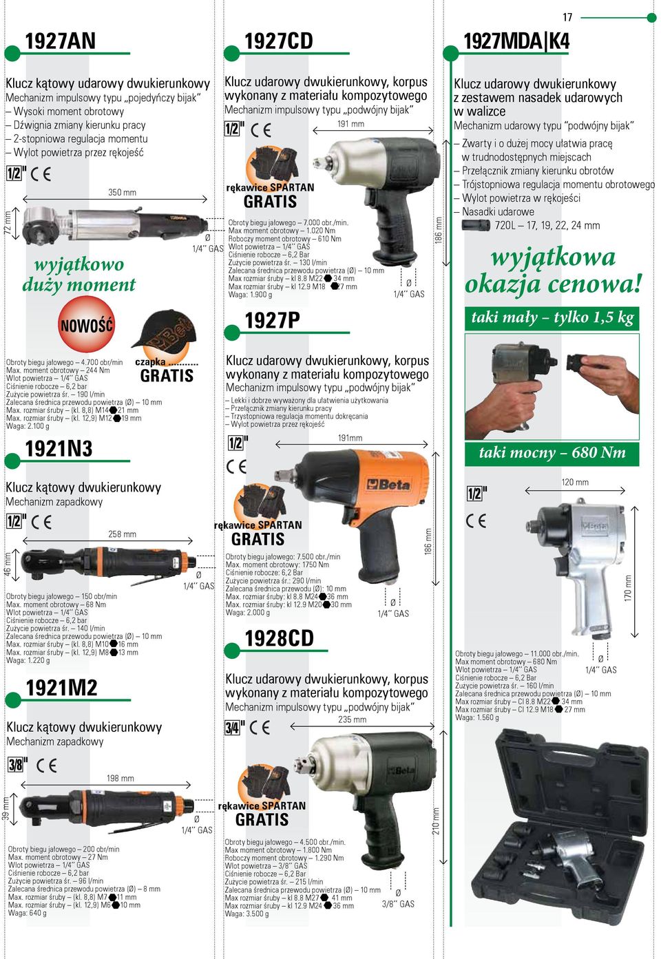 moment obrotowy Nm Wlot powietrza / GAS Ciśnienie robocze, bar Zużycie powietrza śr. 0 l/min Zalecana średnica przewodu powietrza () Max. rozmiar śruby (kl.,) M Max. rozmiar śruby (kl.,9) M Waga:.
