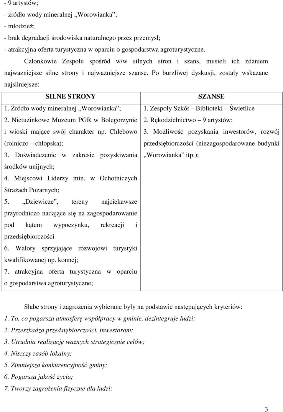 Po burzliwej dyskusji, zostały wskazane najsilniejsze: SILNE STRONY SZANSE 1. Źródło wody mineralnej Worowianka ; 1. Zespoły Szkół Biblioteki Świetlice 2. Nietuzinkowe Muzeum PGR w Bolegorzynie 2.