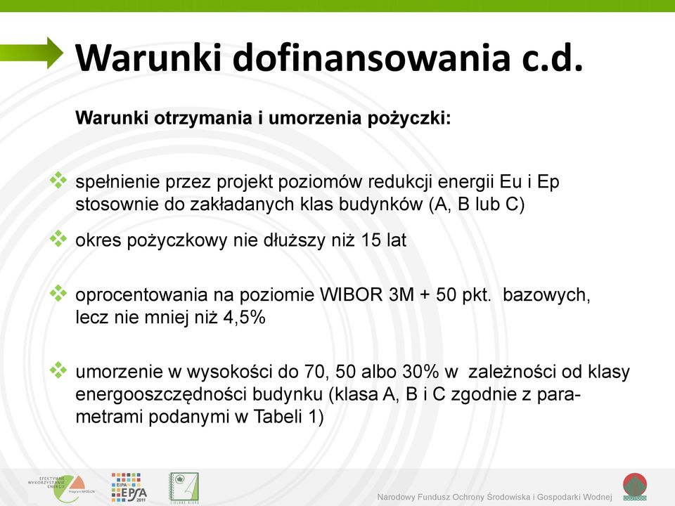 Warunki otrzymania i umorzenia pożyczki: spełnienie przez projekt poziomów redukcji energii Eu i Ep stosownie