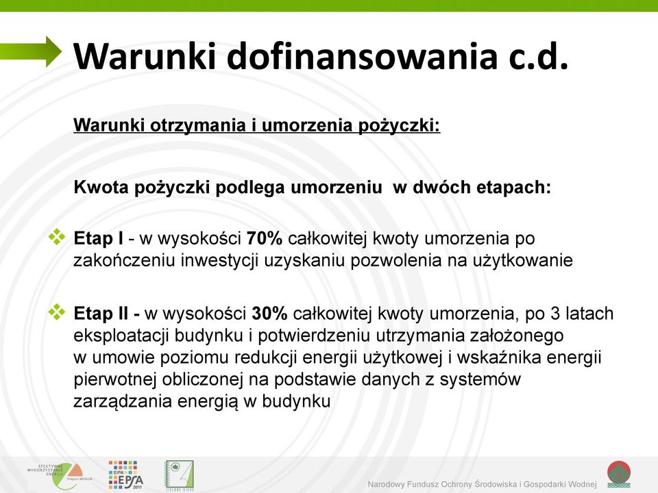 Warunki otrzymania i umorzenia pożyczki: Kwota pożyczki podlega umorzeniu w dwóch etapach: Etap I - w wysokości 70%