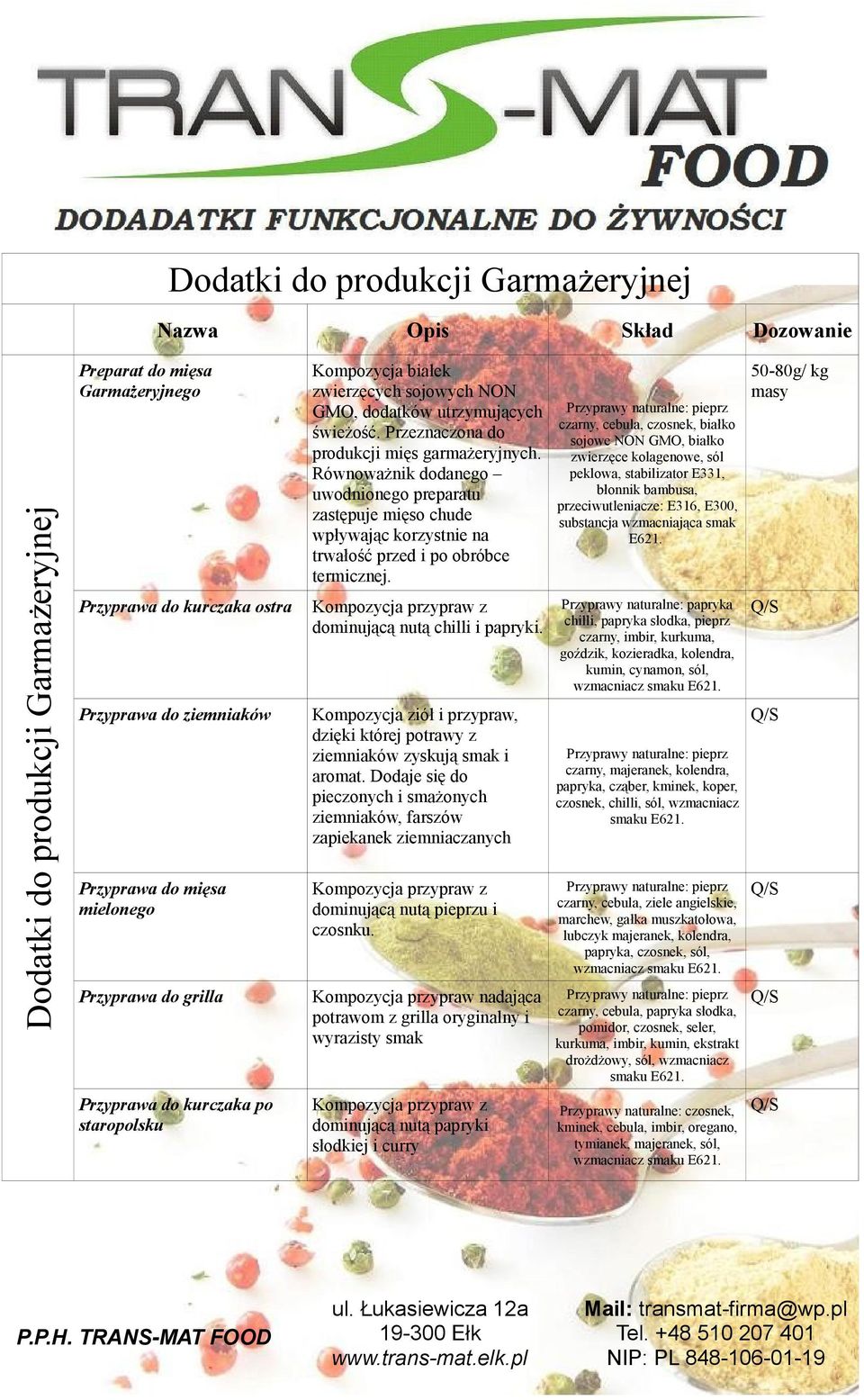 Równoważnik dodanego uwodnionego preparatu zastępuje mięso chude wpływając korzystnie na trwałość przed i po obróbce termicznej. Kompozycja przypraw z dominującą nutą chilli i papryki.
