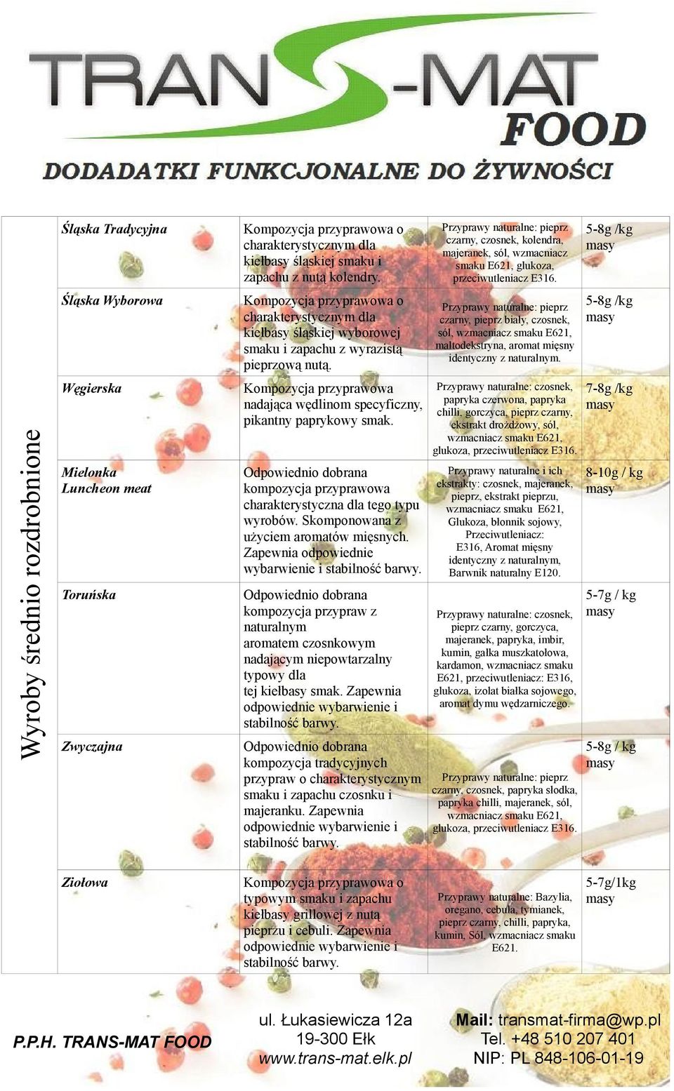 Odpowiednio dobrana kompozycja przyprawowa charakterystyczna dla tego typu wyrobów. Skomponowana z użyciem aromatów mięsnych. Zapewnia odpowiednie wybarwienie i stabilność barwy.