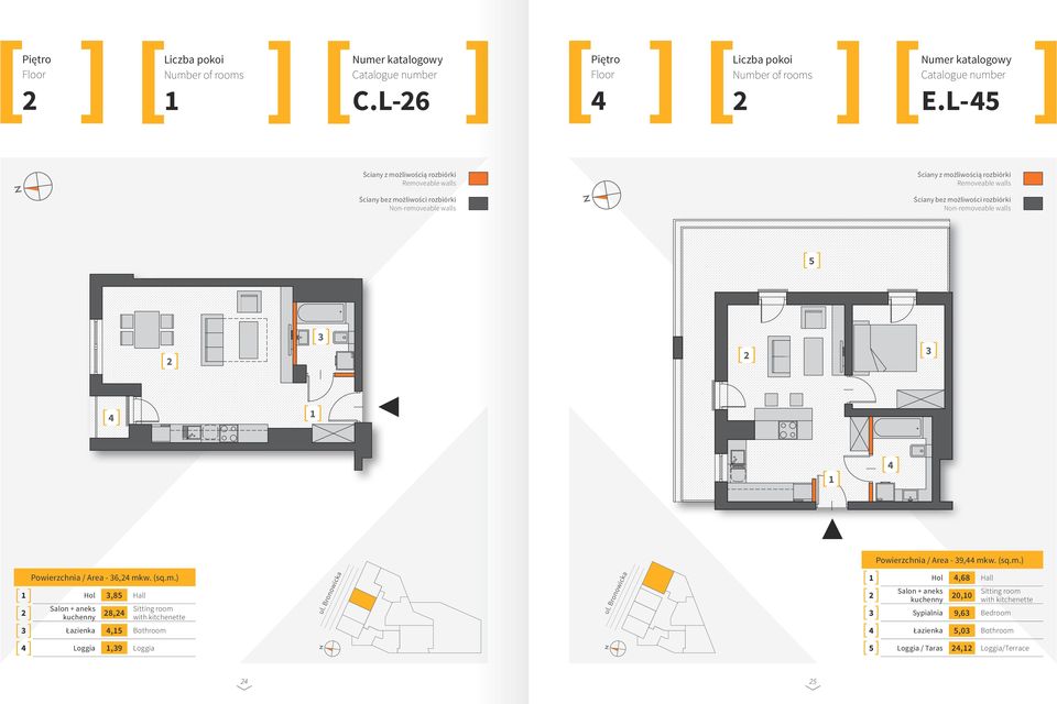 Non-removeable walls 5 1 1 Powierzchnia / Area - 9, mkw. (sq.m.) Powierzchnia / Area - 6, mkw. (sq.m.) 1 Hol,85 Hall Salon + aneks kuchenny 8, Sitting room with kitchenette ul.