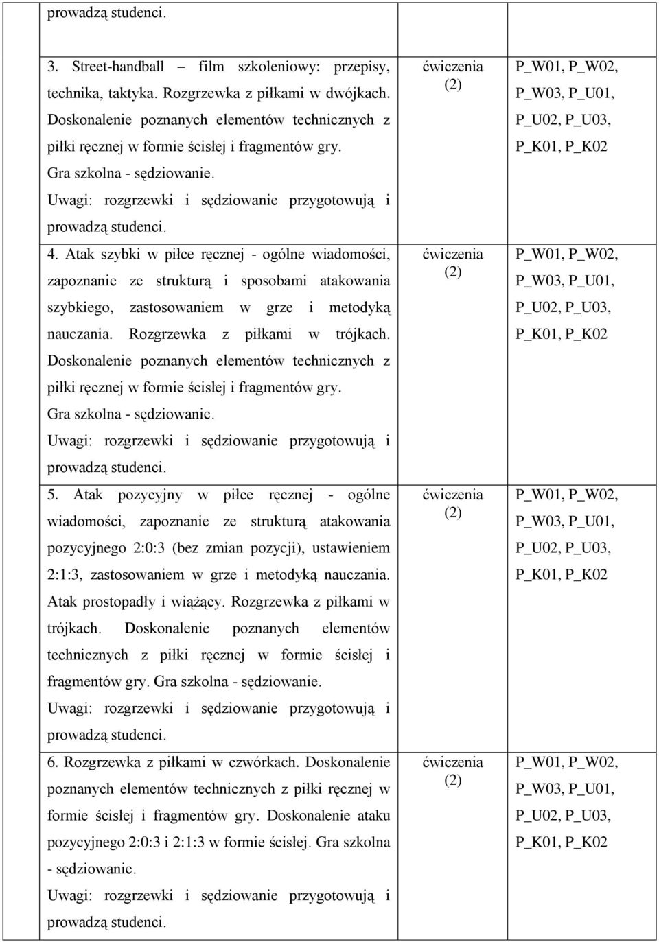 Rozgrzewka z piłkami w trójkach. Doskonalenie poznanych elementów technicznych z piłki ręcznej w formie ścisłej i fragmentów gry. Gra szkolna - sędziowanie. 5.