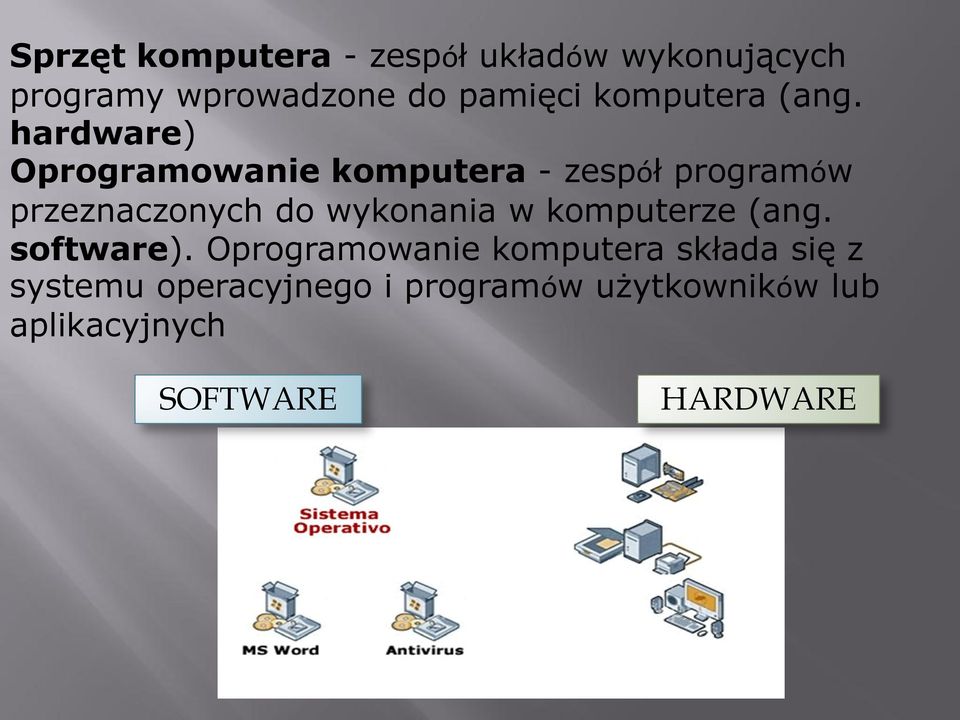 hardware) Oprogramowanie komputera - zespół programów przeznaczonych do wykonania