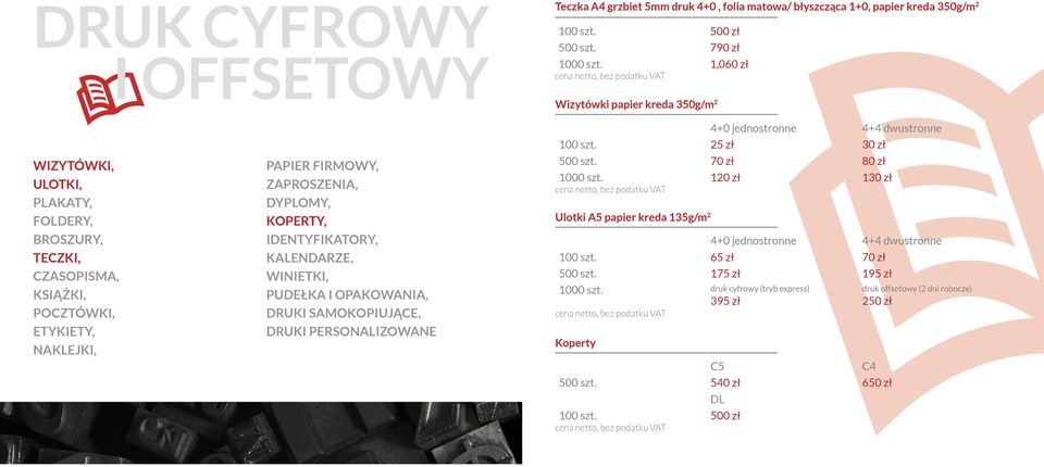 IDENTYFIKATORY, KALENDARZE, WINIETKI, PUDEŁKA I OPAKOWANIA, DRUKI SAMOKOPIUJĄCE, DRUKI PERSONALIZOWANE 4+0 jednostronne 4+4 dwustronne 100 szt. 25 zł 30 zł 500 szt. 70 zł 80 zł 1000 szt.