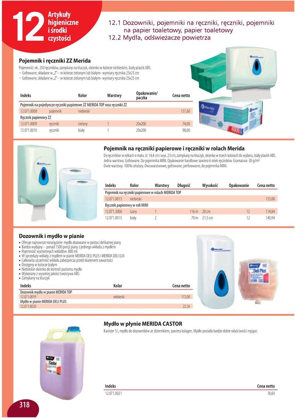 paczka Cena netto Pojemnik na pojedyncze ręczniki papierowe ZZ MERIDA TOP oraz ręczniki ZZ 12.071.0008 pojemnik niebieski 157,60 Ręcznik papierowy ZZ 12.071.0009 ręczniki zielony 1 20x200 74,00 12.