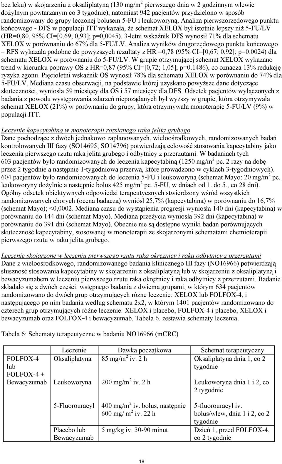 Analiza pierwszorzędowego punktu końcowego - DFS w populacji ITT wykazała, że schemat XELOX był istotnie lepszy niż 5-FU/LV (HR=0,80, 95% CI=[0,69; 0,93]; p=0,0045).