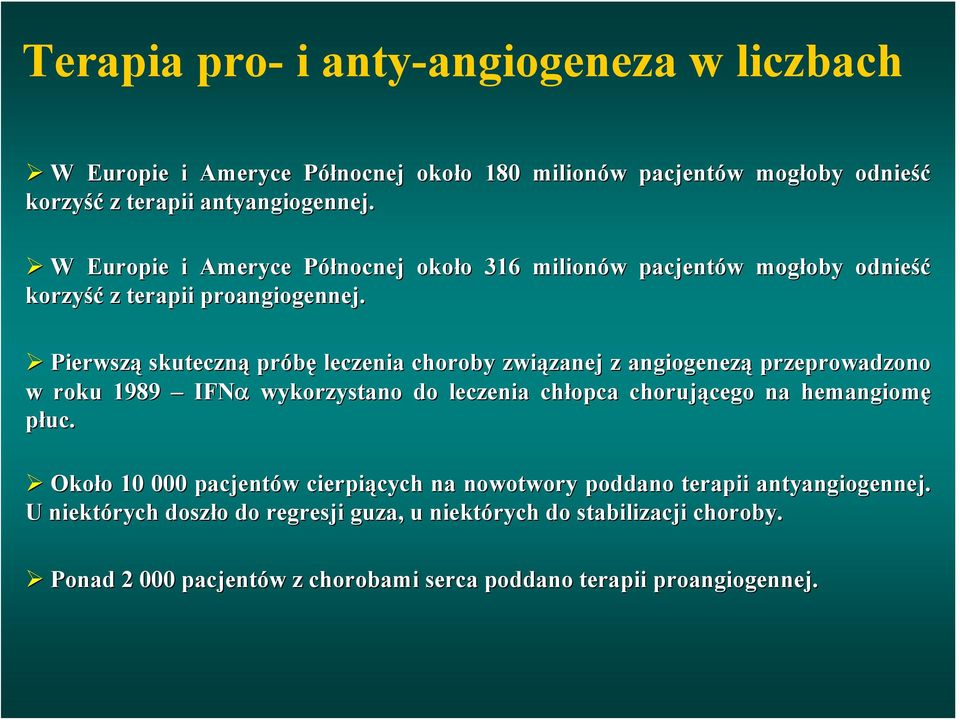 Pierwszą skuteczną próbę leczenia choroby związanej z angiogenezą przeprowadzono w roku 1989 IFNα wykorzystano do leczenia chłopca chorującego na hemangiomę płuc.