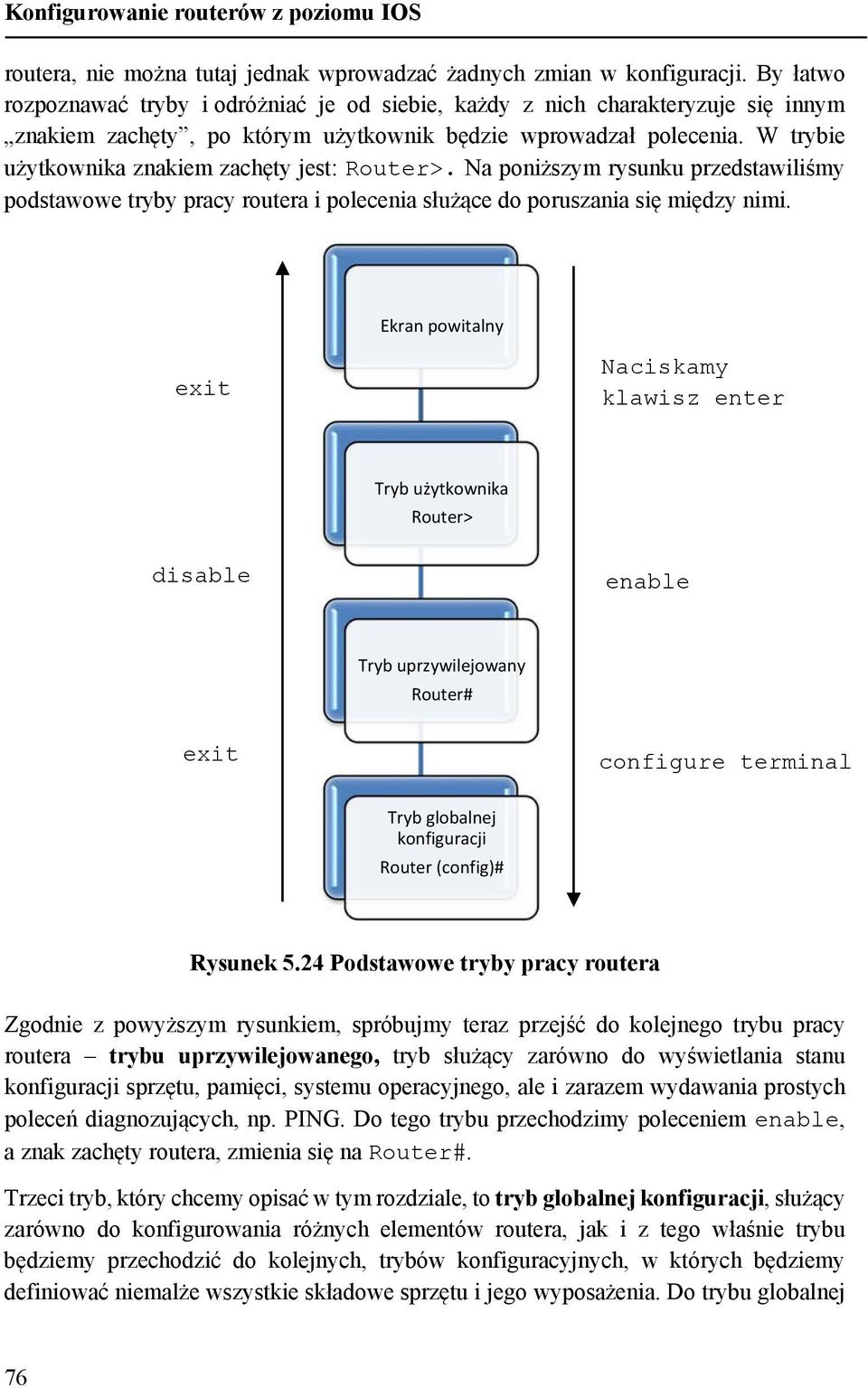 W trybie użytkownika znakiem zachęty jest: Router>. Na poniższym rysunku przedstawiliśmy podstawowe tryby pracy routera i polecenia służące do poruszania się między nimi.