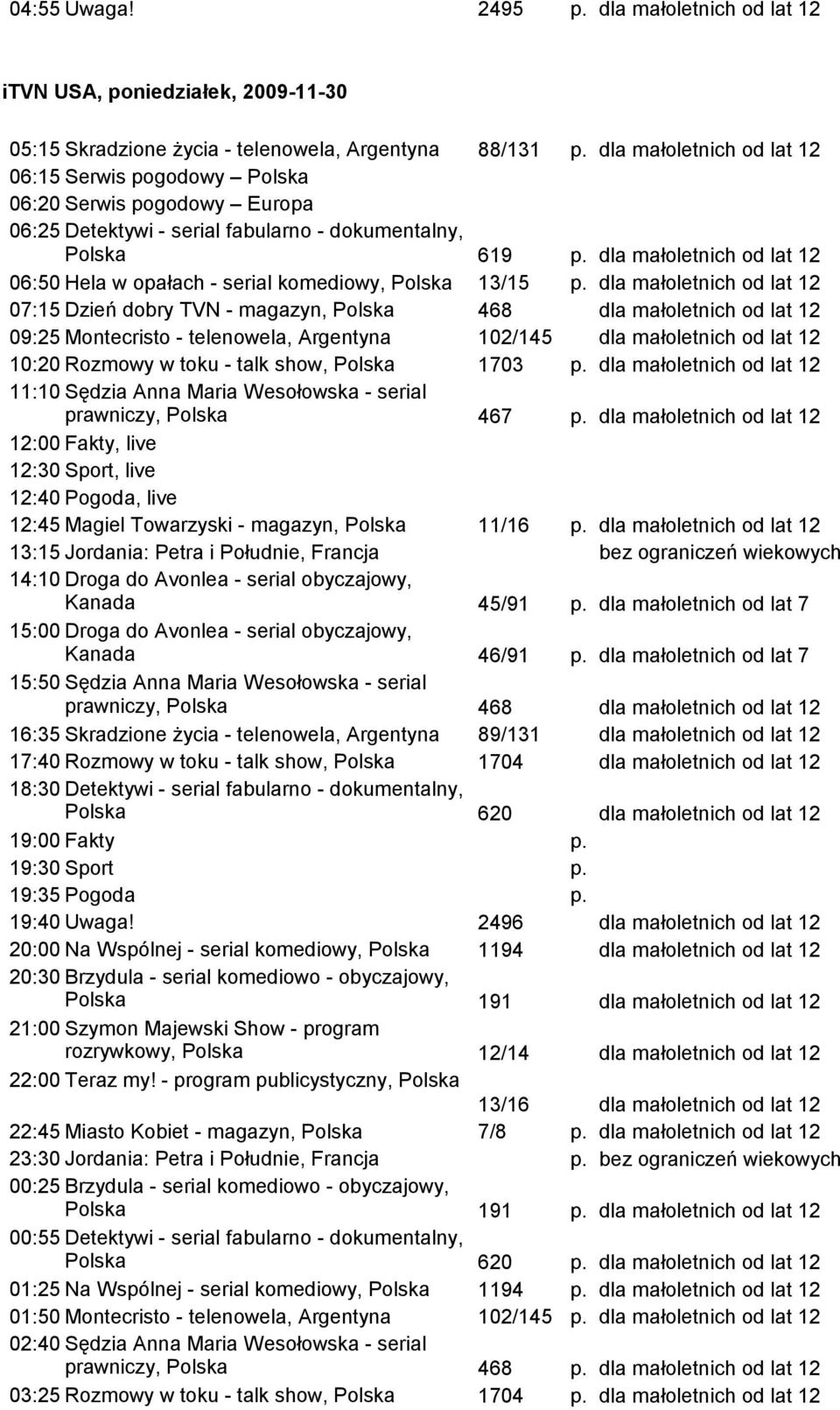 468 09:25 Montecristo - telenowela, Argentyna 102/145 10:20 Rozmowy w toku - talk show, 1703 prawniczy, 467 12:45 Magiel Towarzyski - magazyn, 11/16 13:15 Jordania: Petra i Południe, Francja 14:10