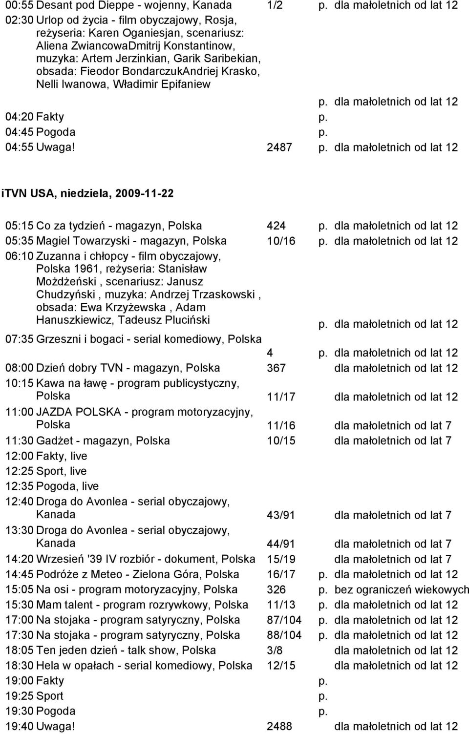 2487 itvn USA, niedziela, 2009-11-22 05:15 Co za tydzień - magazyn, 424 05:35 Magiel Towarzyski - magazyn, 10/16 06:10 Zuzanna i chłopcy - film obyczajowy, 1961, reżyseria: Stanisław Możdżeński,