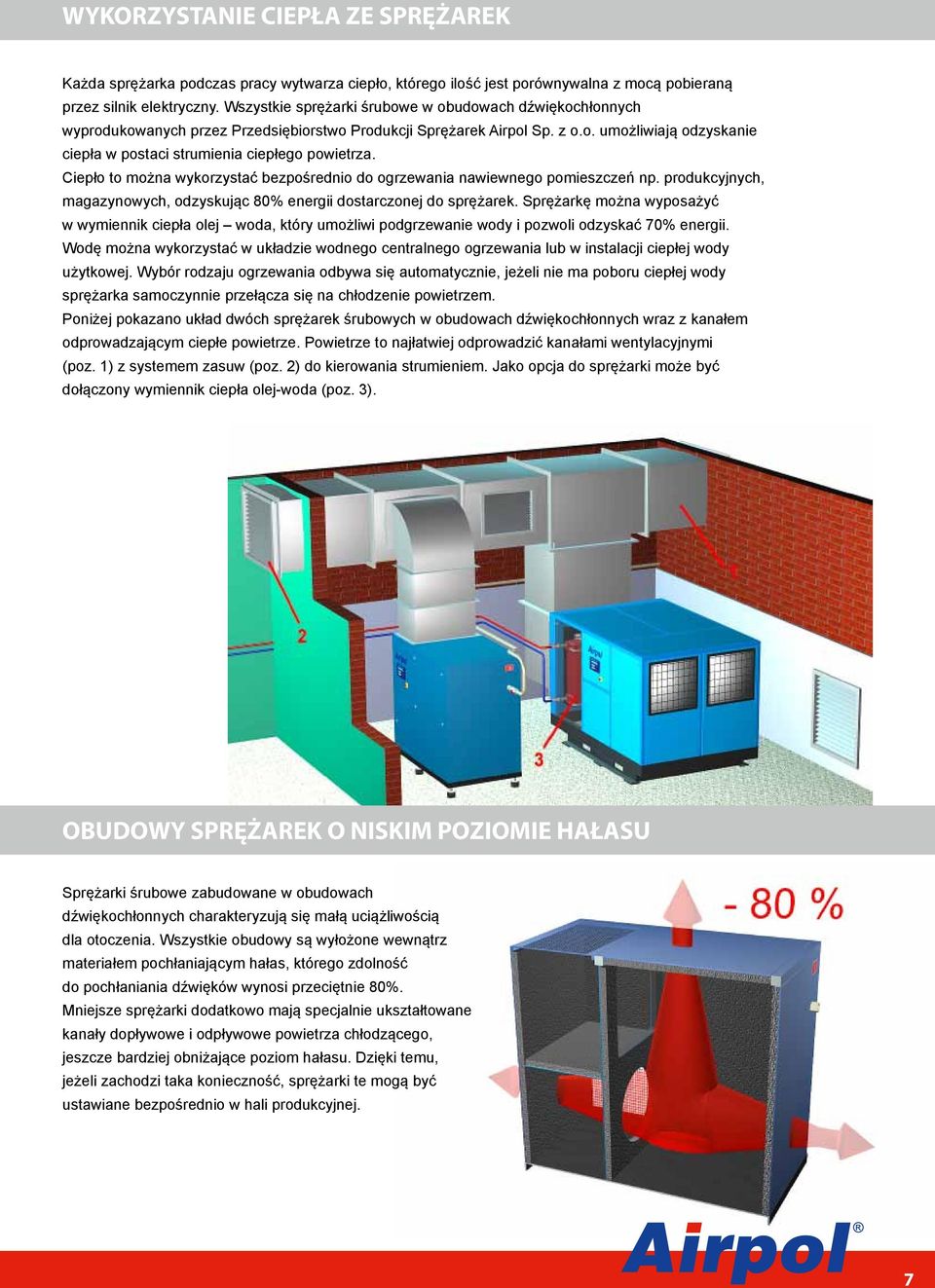 Ciepło to można wykorzystać bezpośrednio do ogrzewania nawiewnego pomieszczeń np. produkcyjnych, magazynowych, odzyskując 80% energii dostarczonej do sprężarek.