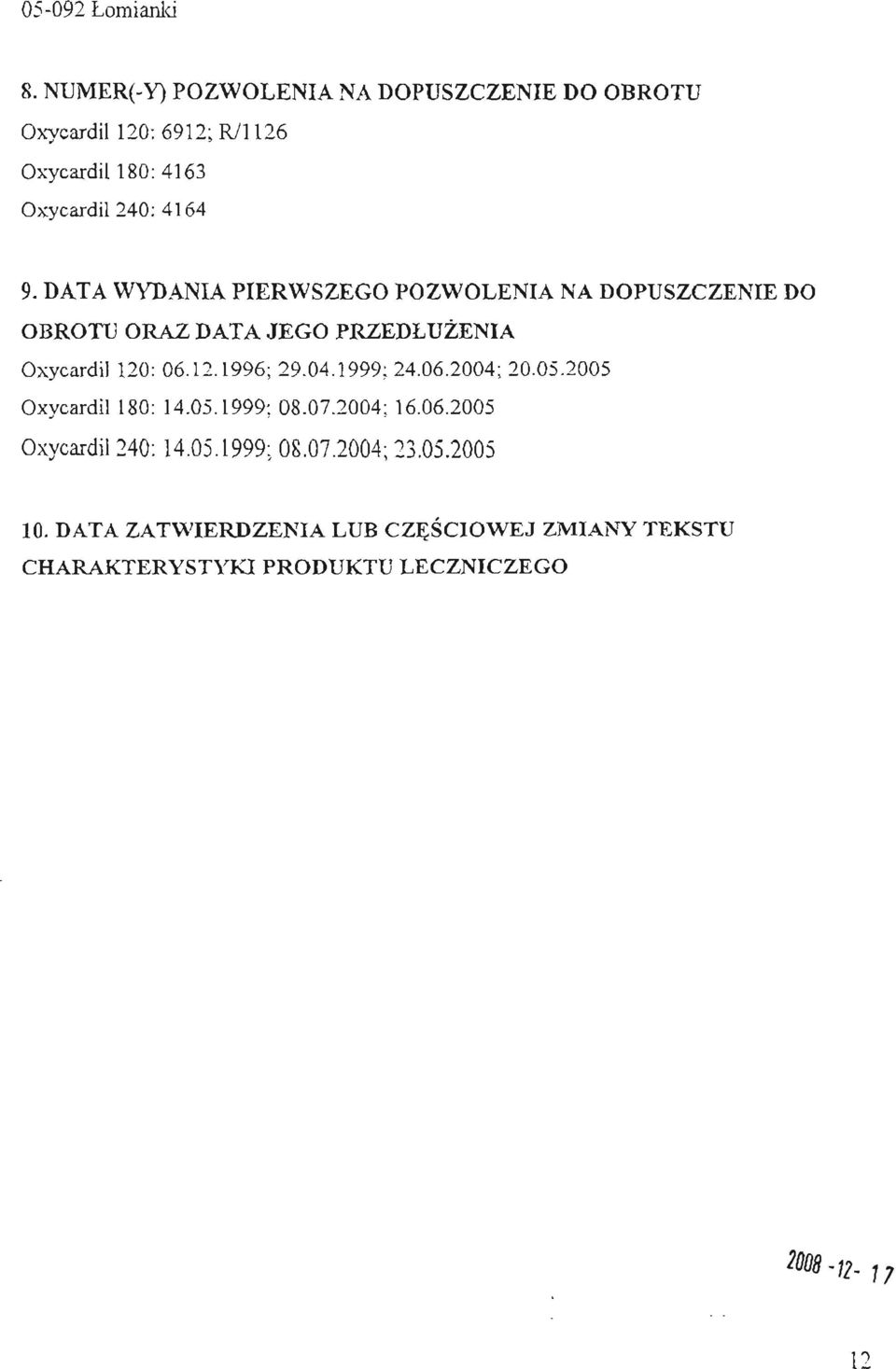 2005 Oxycardil180: 14.05.1999; 08.07.2004; 16.06.2005 Oxycardi1240: 14.05.1999; 08.07.2004; 23.05.2005 10.