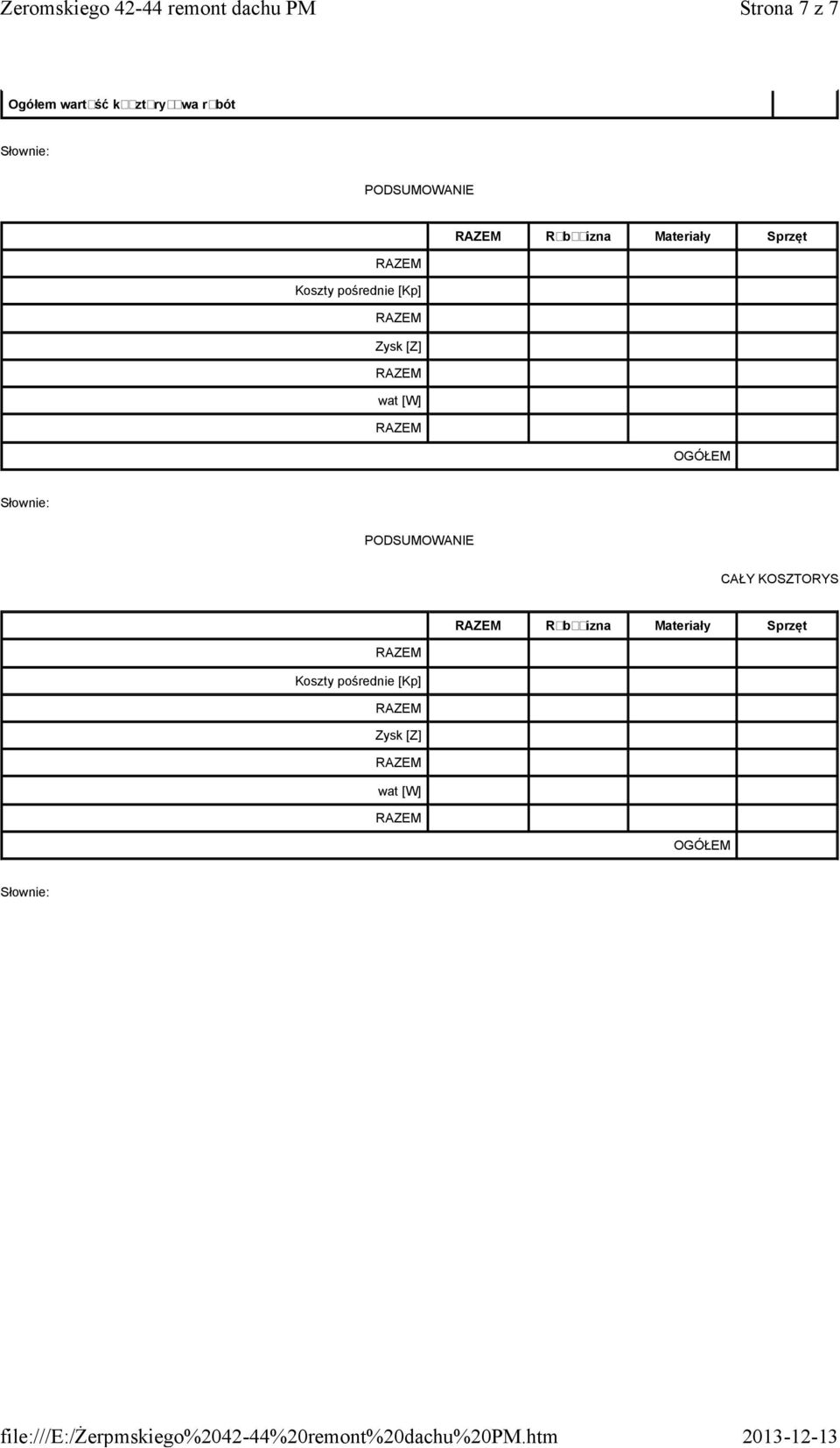 htm Strona 7 z 7 Oółem wartość kosztorysowa robót PODSUMOWANIE Robocizna