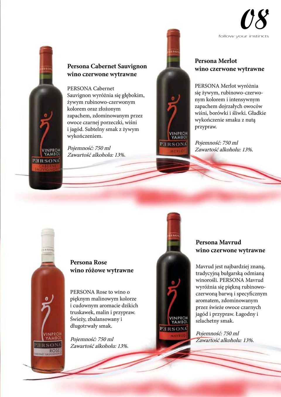 Persona Merlot wino czerwone wytrawne PERSONA Merlot wyróżnia się żywym, rubinowo-czerwonym kolorem i intensywnym zapachem dojrzałych owoców wiśni, borówki i śliwki.